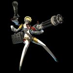  1girl aegis aegis_(persona) android atlus bazooka blonde_hair blue_eyes fighting_stance gatling_gun gun highres huge_weapon megami_tensei minigun official_art persona persona_3 persona_4 persona_4:_the_ultimate_in_mayonaka_arena robot robot_joints shin_megami_tensei short_hair simple_background slender_waist soejima_shigenori solo visor weapon 