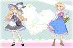  alice_margatroid bad_id bad_pixiv_id bag basket blonde_hair blue_eyes boots braid flower hairband handbag hat heart heart_of_string highres kirisame_marisa lace_background lolita_hairband long_hair multiple_girls ofuton_zeb plaid skirt touhou witch_hat wrist_cuffs yellow_eyes 