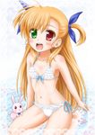  bare_shoulders bikini blonde_hair blush blush_stickers body_blush bow collarbone flat_chest frilled_bikini frills green_eyes heterochromia highres kneeling long_hair lyrical_nanoha mahou_shoujo_lyrical_nanoha_vivid navel petals red_eyes sacred_heart shinozuki_takumi side-tie_bikini smile stuffed_animal stuffed_bunny stuffed_toy swimsuit two_side_up vivio wading water 