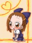  blush bow brown_eyes brown_hair chibi fujiwara_hazuki glasses hair_bow ojamajo_doremi open_mouth rapisu skirt smile solo 