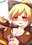  alcohol bad_id bad_twitter_id banned_artist blonde_hair blush bottle bow breasts cleavage drooling drunk glass hair_bow heavy_breathing kisaragi_zwei kurodani_yamame large_breasts pouring saliva solo touhou 