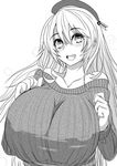  1girl atago_(kantai_collection) bare_shoulders beret breasts female hat highres huge_breasts kantai_collection long_hair monochrome nabeshiki_(nabeyashiki) open_mouth ribbed_sweater solo sweater upper_body 