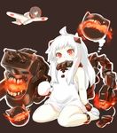  ahoge aircraft airplane anklet bare_shoulders blush dress fire highres horns jewelry kantai_collection kibisake long_hair machinery mittens northern_ocean_hime open_mouth outline pale_skin red_eyes shinkaisei-kan sitting sleeveless sleeveless_dress solo turret wariza white_dress white_hair white_skin 