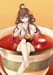  ahoge bare_shoulders barefoot black_tea blue_eyes brown_hair crossed_legs cup detached_sleeves feet grin hairband highres in_container in_cup japanese_clothes kantai_collection kongou_(kantai_collection) long_hair nontraditional_miko open_mouth oversized_object saucer smile soles solo tea tea_stalk teacup toenails toes youryokuso_(chlorophyll) 