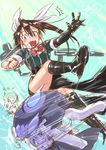  black_footwear boots brown_hair cape chikuma_(kantai_collection) hair_ribbon highres kantai_collection katase_minami knee_boots long_hair multiple_girls open_mouth pelvic_curtain remodel_(kantai_collection) ribbon shinkaisei-kan silver_hair tone_(kantai_collection) twintails white_ribbon wo-class_aircraft_carrier 