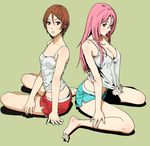  aida_riko arm_support bare_shoulders barefoot black_panties breasts brown_eyes brown_hair camisole cleavage dimples_of_venus green_background hair_between_eyes hair_ornament hairclip kuroko_no_basuke large_breasts long_hair midriff momoi_satsuki multiple_girls navel okada_(okada_zari) panties parted_lips pink_eyes pink_hair shirt_tug short_hair short_shorts shorts simple_background sitting underwear wariza yokozuwari 