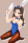  animal_ears bow bowtie breasts brown_eyes brown_hair bunny_ears bunnysuit cleavage detached_collar gokubuto_mayuge idolmaster idolmaster_million_live! kitazawa_shiho kneeling long_hair medium_breasts pantyhose wrist_cuffs 