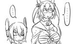  2girls bare_shoulders budget_sarashi comic d: eyepatch glasses greyscale headgear kantai_collection monochrome multiple_girls musashi_(kantai_collection) opaque_glasses open_mouth sarashi short_hair spoken_ellipsis sweat tenryuu_(kantai_collection) tonda triangle_mouth twintails 