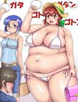  bag bikini blue_eyes blue_hair breasts brown_eyes brown_hair glasses handbag huge_breasts inamori_nidai large_breasts multiple_girls obese original orizen purse size_difference swimsuit train 