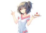  ;p brown_hair cake feihong food fruit looking_at_viewer off_shoulder one_eye_closed original plate red_eyes side_ponytail simple_background slice_of_cake smile solo strawberry tongue tongue_out white_background 