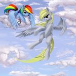  2014 blue_fur cloud derpy_hooves_(mlp) duo equine female feral flying friendship_is_magic fur grey_fur hair mammal multi-colored_hair my_little_pony outside pegasus rainbow_dash_(mlp) santagiera wings 