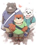  2015 anthro blue_eyes blush canine clothed clothing dog footwear fur group humanoid_hands kota&acute; male mammal overweight overweight_male pig porcine shirt shoes short white_fur 