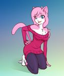  2014 aeris_(vg_cats) anthro blue_eyes clothing fangs female fur hand_on_hip kneeling looking_at_viewer pink_fur pose scorpdk socks solo vg_cats white_fur 