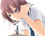  adjusting_hair blue_eyes brown_hair dress_shirt drinking_fountain idolmaster idolmaster_cinderella_girls nagami_yuu necktie school_uniform shibuya_rin shirt short_sleeves solo 