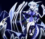  2014 abs absurd_res anthro armor blue_eyes blue_theme blumagpie breasts cleavage clothed clothing dragon face_paint female gauntlets gem hair hi_res ice looking_at_viewer navel slit_pupils solo teeth white_hair wings 