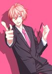  aikabocha blush eyewear_removed formal free! future_fish holding holding_eyewear male_focus necktie open_mouth pink_hair pointing purple_eyes shigino_kisumi smile solo suit sunglasses 