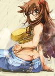  ass bare_shoulders black-framed_eyewear breasts brown_eyes brown_hair butt_crack denim fate/extra fate/extra_ccc fate_(series) glasses impossible_clothes impossible_shirt jeans jinako_carigiri large_breasts long_hair pants plump shirt sideways_glance solo steam torn_clothes undersized_clothes yohane 