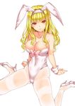  animal_ears arm_support bare_shoulders blonde_hair blush bow breasts bunny_ears bunnysuit cameltoe collarbone covered_navel fake_animal_ears hairband high_heels large_breasts lips long_hair looking_at_viewer original pantyhose red_eyes saburou_(hgmg) sitting solo thighband_pantyhose wariza white_background white_legwear wrist_cuffs 
