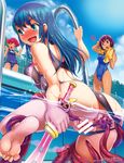  3girls anus ass back bar_censor barefoot blue_hair blush bosshi breast_press breasts cameltoe censored dark_skin feet from_behind green_eyes large_breasts long_hair medium_breasts multiple_girls open_mouth pool purple_eyes purple_hair pussy red_hair school_swimsuit short_hair small_breasts soles spread_pussy swimsuit sword tentacle toe_scrunch toes weapon wet 