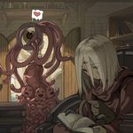  androgynous bad_id bad_pixiv_id black_cat black_cat_(elona) black_skin book bookshelf cat chair cthulhu_mythos dark_skin elona exile_(elona) great_race_of_yith harusame_(rueken) heart house jar monster red_eyes robe shelf silver_hair sitting sleeping speech_bubble spoken_heart tentacles third_eye 