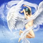  angel_wings armpits barefoot bird black_hair convenient_censoring day elona feet flying hagoromo lulwy_of_wind mia_(yanaginiame) nude pixiv planet shawl short_hair sky solo wings 