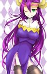  breasts covered_navel elbow_gloves genderswap genderswap_(mtf) gloves green_eyes large_breasts loki_(p&amp;d) long_hair looking_at_viewer one_eye_closed purple_hair puzzle_&amp;_dragons rei_(reins) solo very_long_hair 