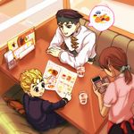  2boys black_hair blonde_hair blue_eyes calculator earrings egg food gakuran glass green_eyes headband height_difference hirose_kouichi jewelry jojo_no_kimyou_na_bouken kishibe_rohan menu midriff multiple_boys nashio open_mouth salad school_uniform scrunchie short_hair sitting smile toy waitress water 