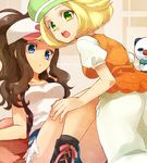  bare_legs baseball_cap bel_(pokemon) beret blonde_hair blue_eyes boots brown_hair denim denim_shorts gen_5_pokemon green_eyes hat high_ponytail irouha long_hair long_skirt looking_back lying multiple_girls open_mouth oshawott pokemon pokemon_(creature) pokemon_(game) pokemon_bw shirt short_hair shorts skirt touko_(pokemon) vest white_shirt white_skirt 