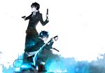  ao_no_exorcist belt black_hair blue_eyes blue_fire boots brothers coat collared_shirt demon_boy demon_tail dual_wielding fang finger_on_trigger fire flaming_sword glasses glowing gun handgun highres holding loose_necktie multiple_boys necktie okumura_rin okumura_yukio pants pointy_ears red_pupils sakegawa serious sharp_teeth sheath shirt siblings smile squatting standing sword tail tail-tip_fire teeth trench_coat untucked_shirt wallpaper weapon wrist_cuffs 