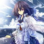  cloud jacket_on_shoulders kantai_collection long_hair looking_at_viewer monikano neckerchief open_mouth purple_hair red_eyes school_uniform serafuku skirt sky smile solo taigei_(kantai_collection) twintails whale 