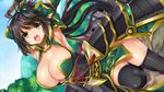  1girl armpits arms_up black_hair black_legwear bouncing_breasts breasts character_request cleavage fighting game_cg green_eyes highres huge_breasts japanese_clothes legs long_hair looking_at_viewer mountain open_mouth ponytail sangoku_hime_3_yuugi_kyouka_hen sky solo thighs weapon 