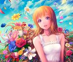  arms_at_sides bare_shoulders chiro_(mind-chamber) cloud colorful cosmos_(flower) daisy day dress flower hibiscus highres lily_(flower) long_hair marigold open_mouth orange_hair original petals purple_eyes rose sky sleeveless smile solo tulip 