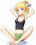  adjusting_hair arms_up ayase_eli bare_legs barefoot belly_peek blonde_hair blue_eyes blush breasts butterfly_sitting cleavage feet love_live! love_live!_school_idol_project md5_mismatch medium_breasts navel ponytail scrunchie short_shorts shorts simple_background sitting smile soles solo tank_top tonee white_background 