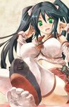  bare_shoulders black_hair detached_sleeves green_eyes hair_ribbon isuzu_(kantai_collection) kantai_collection long_hair open_mouth ribbon skirt solo thighhighs twintails white_legwear yohane 