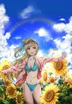  absurdres akatsukiame bikini brown_eyes brown_hair flower green_bikini highres jacket long_hair love_live! love_live!_school_idol_project minami_kotori outstretched_arms rainbow spread_arms sunflower swimsuit 