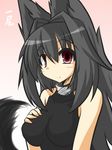  animal_ears bare_shoulders black_hair blush breast_suppress breasts collar collarbone commentary_request fox_ears fox_tail goma_(gomasamune) hair_intakes hand_on_own_chest large_breasts long_hair looking_at_viewer original red_eyes shirt sleeveless sleeveless_shirt smile solo tail taut_clothes taut_shirt translation_request 