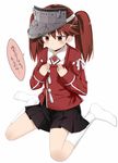  breast_conscious brown_eyes brown_hair dress_shirt hands_on_own_chest kantai_collection kuhotaka long_hair magatama ryuujou_(kantai_collection) shirt sitting skirt solo translated twintails visor_cap wariza 