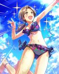  1girl :d anklet artist_request barefoot bikini bracelet brown_eyes brown_hair dirty dirty_feet floral_print frilled_bikini frills idolmaster idolmaster_cinderella_girls jewelry kawashima_mizuki navel official_art open_mouth print_bikini sand smile solo sparkle swimsuit v-shaped_eyebrows 