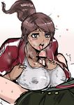  asahina_aoi blue_eyes blush breasts brown_hair censored dangan_ronpa danganronpa dark_skin erect_nipples heart huge_breasts licking naegi_makoto open_mouth paizuri penis ponytail sweat 