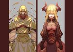  1girl artoria_pendragon_(all) bad_id bad_pixiv_id blonde_hair cloak colored_eyelashes crossover cthulhu_mythos fate/zero fate_(series) gilgamesh hood horns jewelry king_in_yellow lilin99jh necklace saber 