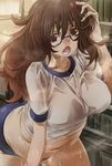  belly black-framed_eyewear bookshelf breasts brown_eyes brown_hair buruma fate/extra fate/extra_ccc fate_(series) glasses gym_uniform hair_ribbon jinako_carigiri large_breasts long_hair looking_at_viewer open_mouth plump ribbon solo steam sweat yohane 