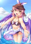  animal_ears bikini blush breasts earrings fingernails fun_bo hat jewelry marisa_to_alice_no_cookie_storia medium_breasts mystia_lorelei navel open_mouth outstretched_arms outstretched_hand pink_hair sarong short_hair smile solo swimsuit touhou wading water wings 