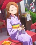  artist_request brown_hair cat closed_eyes food hair_ornament hairclip idolmaster idolmaster_(classic) idolmaster_million_live! japanese_clothes kimono long_hair maihama_ayumu minase_iori monkey multicolored_hair multiple_girls official_art pink_hair wagashi yukata 