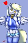 &lt;3 anthro blonde_hair blush clothed clothing derpy_hooves_(mlp) equine feathers female food friendship_is_magic fur grey_fur hair legwear long_hair looking_at_viewer mammal mistressbloodershy mouth_hold muffin my_little_pony navel pegasus plain_background presenting smile solo standing stockings wings yellow_eyes 