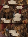  2014 black_nose breasts brown_fur canine claws clothed clothing comic dialog ear_piercing english_text female fur hookah hyena mammal myenia paws piercing pillow red_lantern_the_crimson_divine rukis spots text 