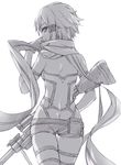  ass from_behind gloves greyscale gun monochrome pgm_hecate_ii rifle scarf short_hair short_shorts shorts sinon sketch sniper_rifle solo sword_art_online tonee weapon white_background 