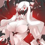  breasts cleavage collarbone covered_mouth dress horns kantai_collection large_breasts long_hair long_sleeves looking_at_viewer manabebebe mask midway_hime pale_skin red_eyes shinkaisei-kan sketch solo veins very_long_hair white_dress white_hair white_skin 
