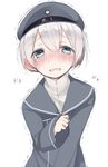  bad_id bad_pixiv_id blue_eyes blush clothes_writing dress hat kantai_collection looking_at_viewer nekoume open_mouth sailor_dress sailor_hat short_hair silver_hair solo tears trembling trench_coat wavy_mouth z1_leberecht_maass_(kantai_collection) 