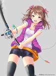  :d black_legwear bow brown_eyes brown_hair fishing fishing_rod hair_bow hair_ribbon holding ilog looking_at_viewer occhan_(11715) official_art open_mouth ribbon shorts smile solo suminaka_kaori thighhighs vest 