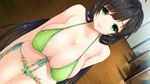  bangs bare_shoulders beach bikini black_hair blush breasts censored cleavage closed_mouth collarbone cowboy_shot dutch_angle eyebrows eyebrows_visible_through_hair game_cg green_bikini green_eyes groin huge_breasts indoors kaguyuzu kan'u_unchou_(sangoku_hime) legs_together long_hair looking_at_viewer low_ponytail mosaic_censoring pointless_censoring polka_dot polka_dot_bikini sangoku_hime sangoku_hime_3 side-tie_bikini sidelocks skin_tight skindentation smile solo strap_gap swimsuit tassel thigh_gap very_long_hair wooden_floor 